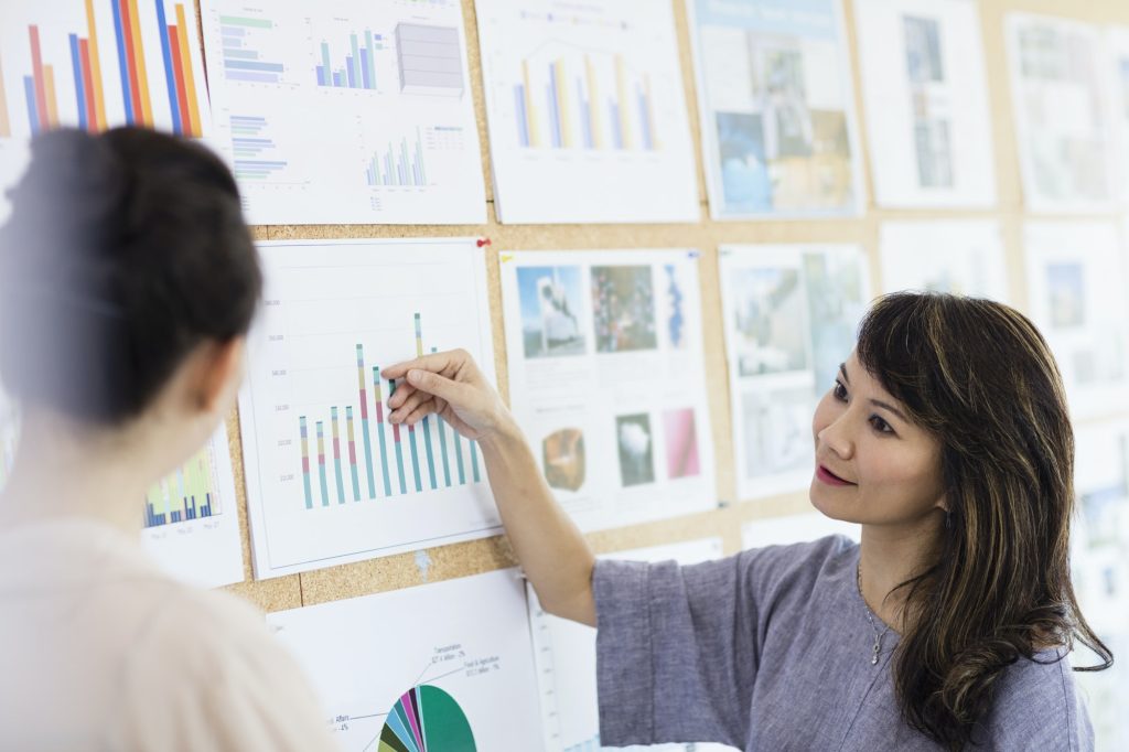 Colleagues working with colour charts and graphs